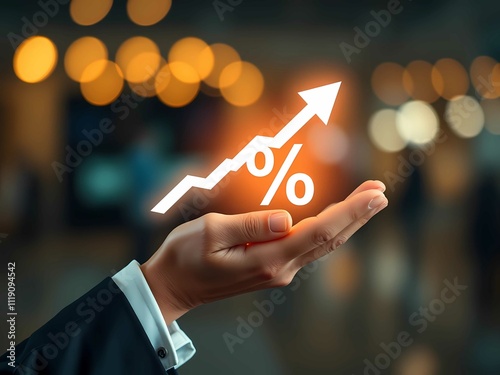 Businessman hand with rising arrow and percentage icon, representing investment, growth, profitability, and success photo