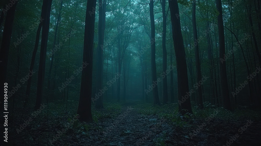 Dark, misty forest path. Dark, misty forest path.