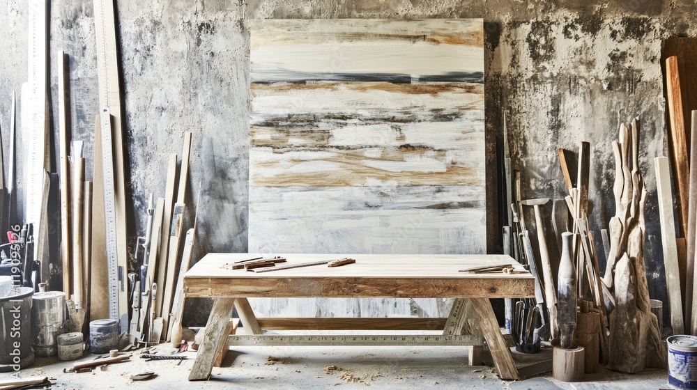 A rustic workspace with a wooden table, art, and various tools in an artist's studio.