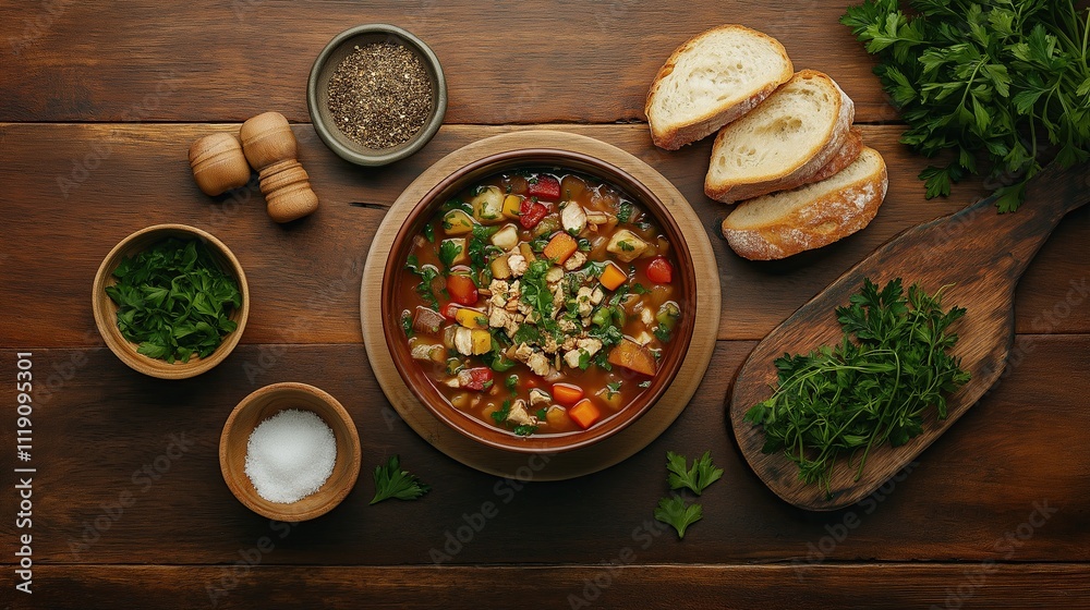 A bowl of steaming vegetable soup with chicken, surrounded by fresh herbs and pieces of bread on the side, placed on an old wooden table