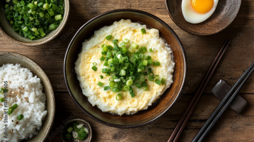 Creamy Egg Dish with Chopped Green Onions and Delicious Side Dishes