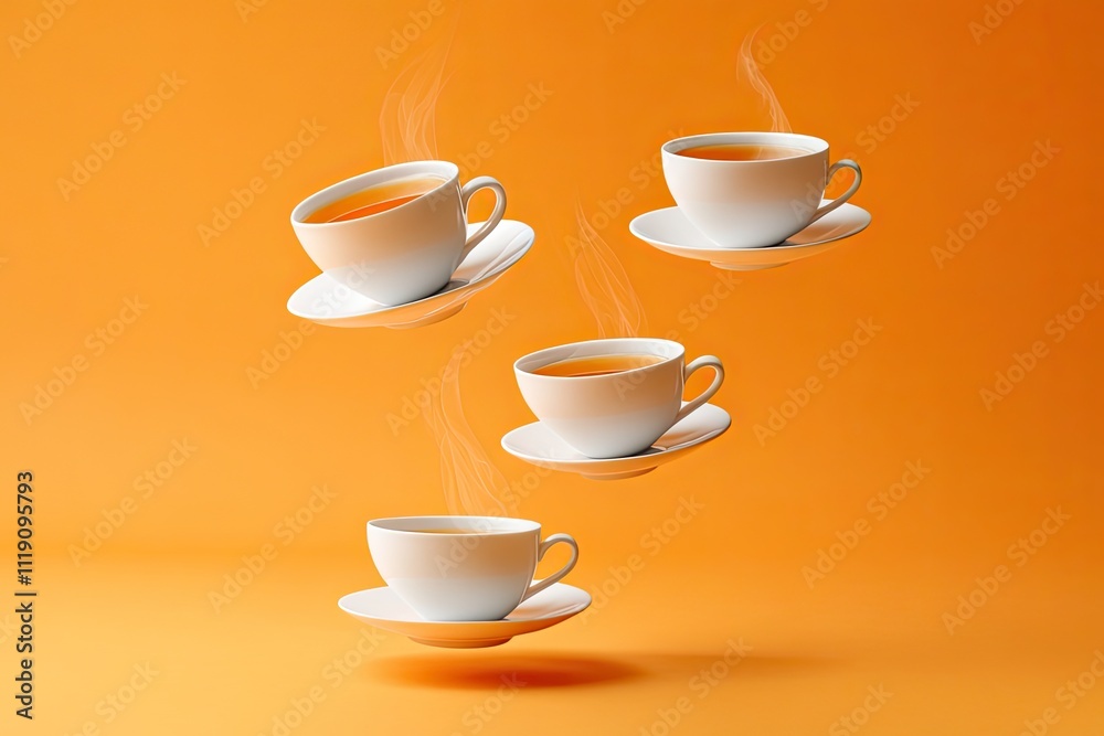 Cups of tea flying on a pastel orange background isolated