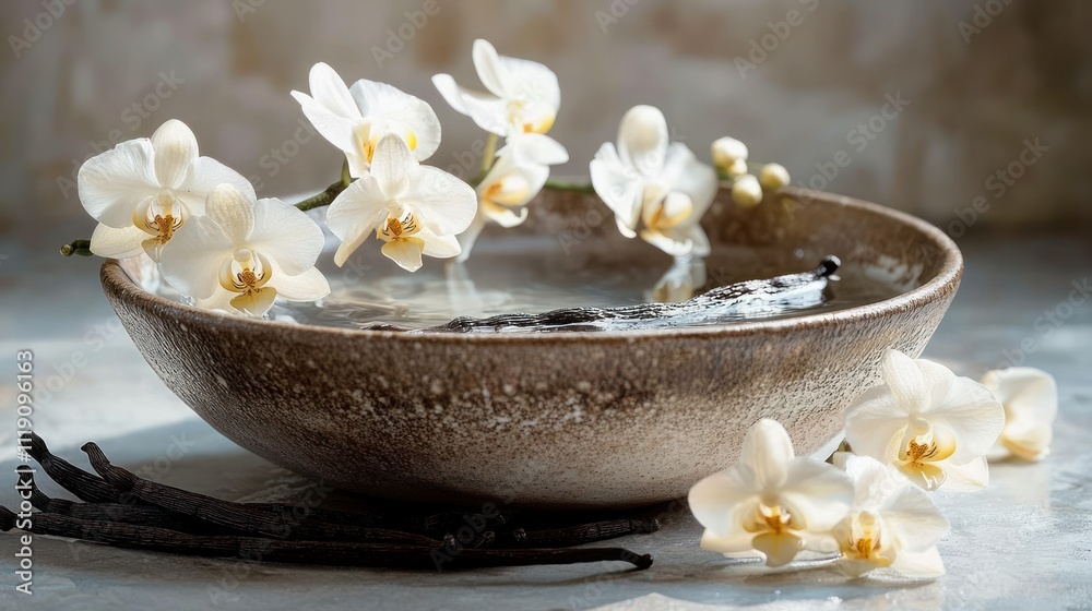 Dried Vanilla Pods in a Clay Pot with Vanilla Flowers in the Background Dried Vanilla Pods in a Clay Pot with Vanilla Flowers in the Background