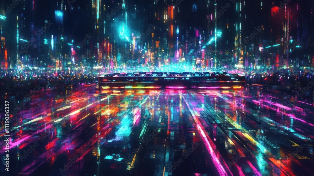 A vibrant, futuristic scene filled with colorful lights and reflections, suggesting a digital landscape. A vibrant, futuristic scene filled with colorful lights and reflections, suggesting a digital landscape.