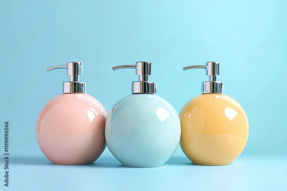 Fototapeta premium curves ceramic soap dispenser smooth round form pastel tones bright studio background modern bathroom accessory