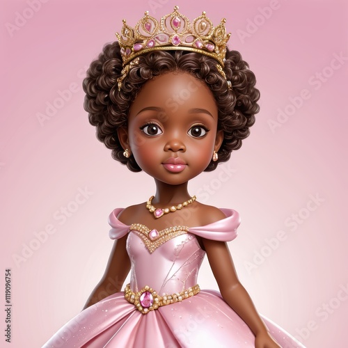 Portrait of a Stunning Black Princess in a Pink Gown and Gold Crown: A Digital Painting of Royal Elegance and African American Heritage