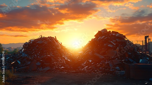 Sunset over two piles of scrap metal at a junkyard.