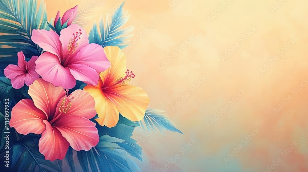 Fototapeta premium Vibrant Tropical Floral Arrangement Watercolor Hibiscus Flowers Summer Template Artistic Background