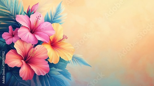 Vibrant Tropical Floral Arrangement Watercolor Hibiscus Flowers Summer Template Artistic Background