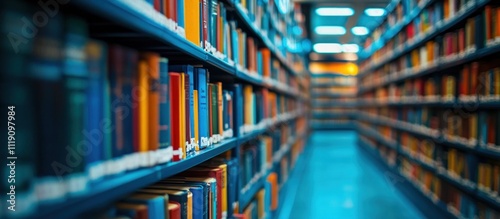 A narrow aisle in a library with bookshelves full of colorful books, leading to a blue floor in the distance.