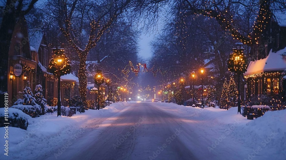 Snowy street at night with Christmas lights. Snowy street at night with Christmas lights.