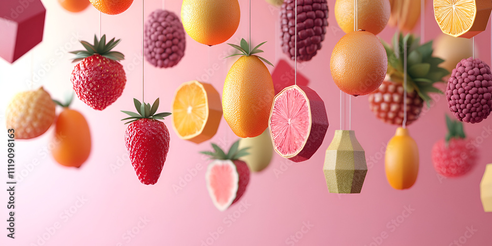 Fruity Fun: A delightful array of fresh fruits, suspended mid-air against a soft pink backdrop, creating a playful and vibrant composition.  The fruits exhibit a unique geometric design.