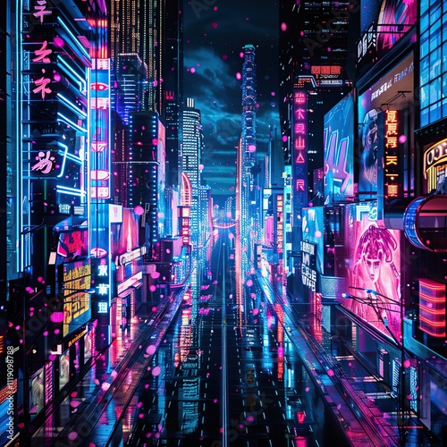 Futuristic cyberpunk city street at night with neon lights and falling petals.