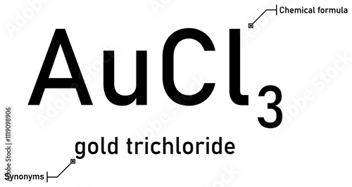 Gold trichloride chemical formula and synonyms with callout titles photo