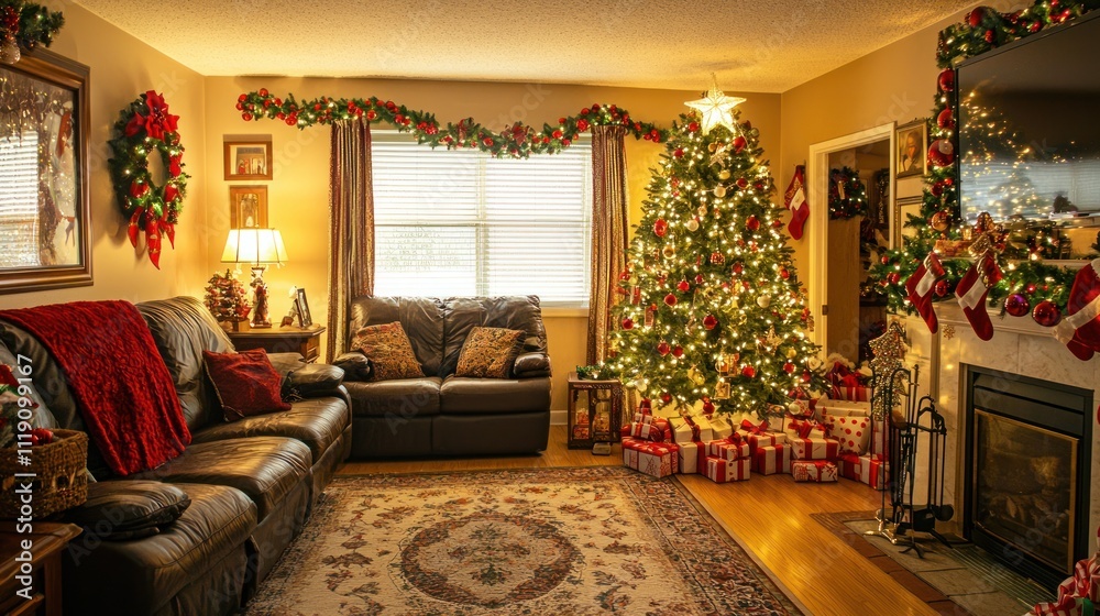 A living room filled with holiday decorations like a Christmas tree, garlands, and ornaments, creating a warm and festive atmosphere A living room filled with holiday decorations like a Christmas tree, garlands, and ornaments, creating a warm and festive atmosphere