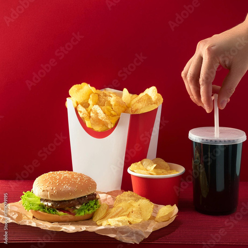 mano toma  bebida gaseosa, ademas hay una caja de papas fritas, una hamburgesa, servilletas, todo sobre fondo rojo, concepto de comida fast food estilo americano photo