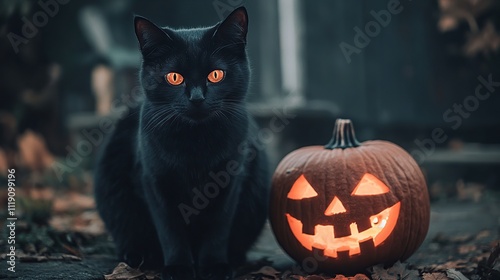 Black cat sitting beside a glowing jack-o'-lantern.