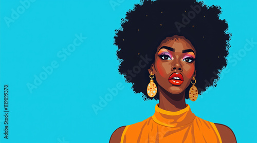 confident black woman banner, orange and blue, illustration