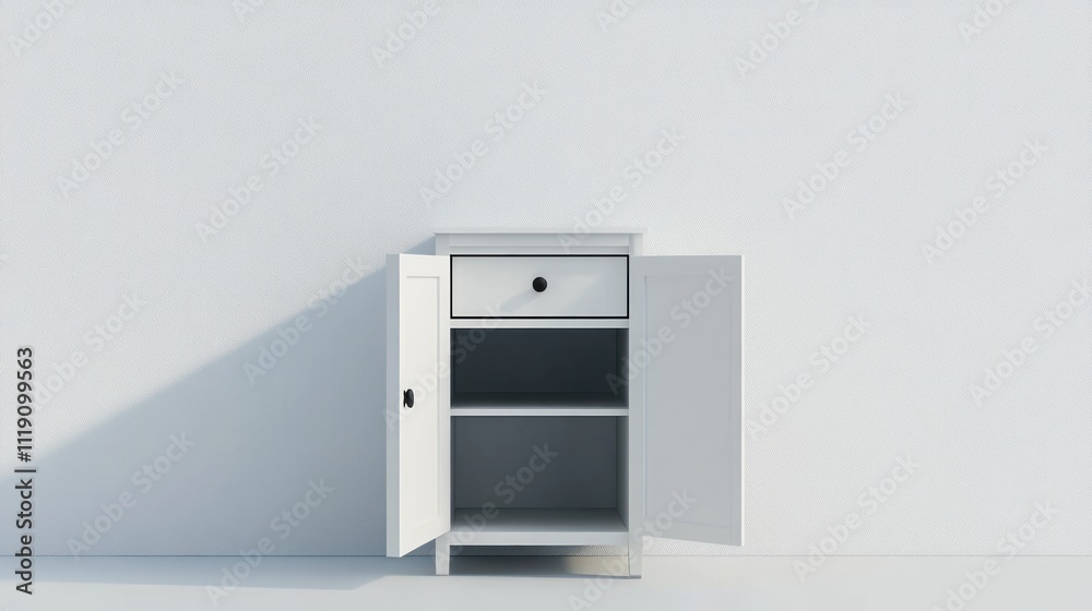 A small white cabinet with an open door and a plain white background--S 250. A small white cabinet with an open door and a plain white background--S 250.