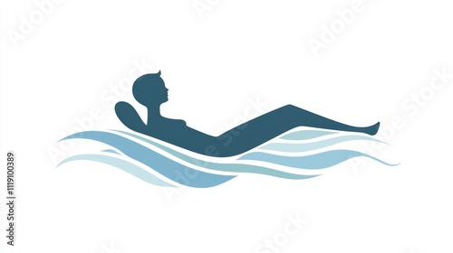 A minimalist icon featuring a reclining figure, with a background of soft waves or clouds, symbolizing relaxation.