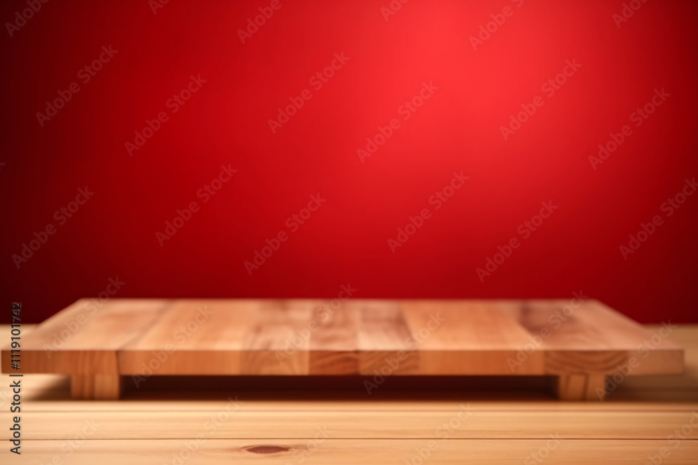 An empty wooden table set against a bold red background, perfect for showcasing products in a dynamic and eye-catching way, ideal for product display templates.

