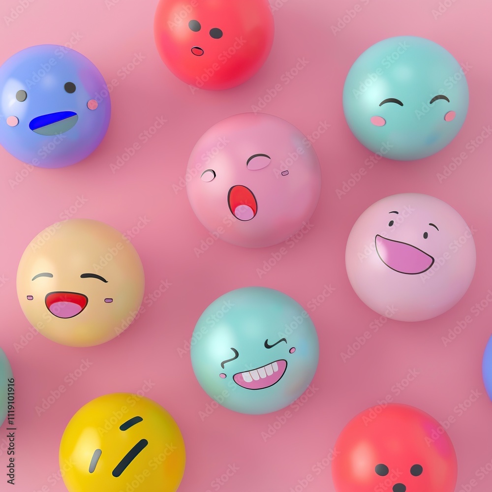 Colorful spheres with various happy and sad facial expressions on a pink background. Colorful spheres with various happy and sad facial expressions on a pink background.