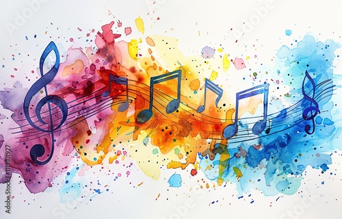 Abstract vibrant music notation drawing watercolor background with musical notes
