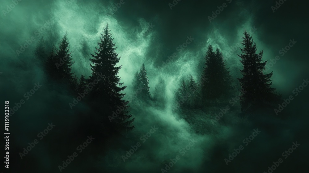 Obraz premium Eerie green fog shrouds dark forest.