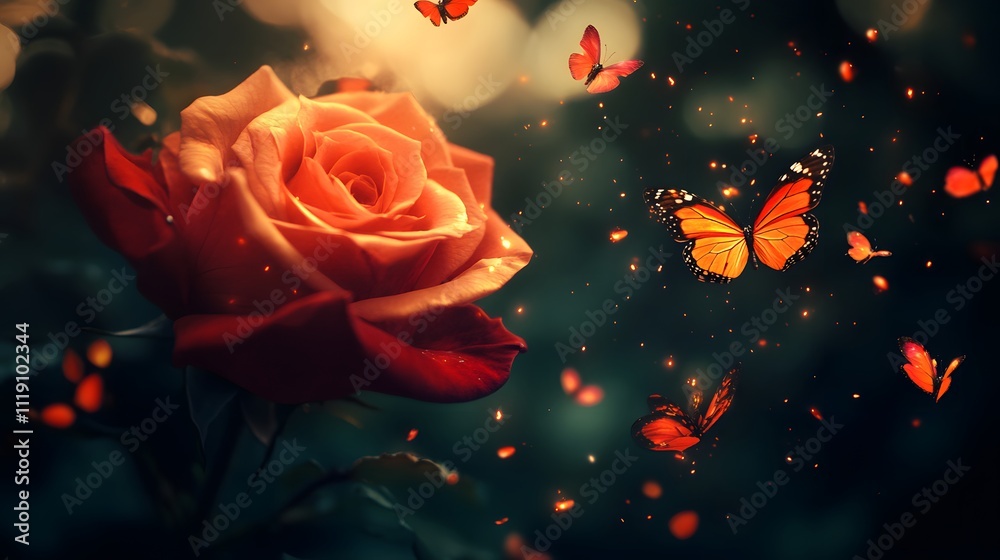 A beautiful red rose surrounded by vibrant butterflies in a magical, dreamlike atmosphere. A beautiful red rose surrounded by vibrant butterflies in a magical, dreamlike atmosphere.