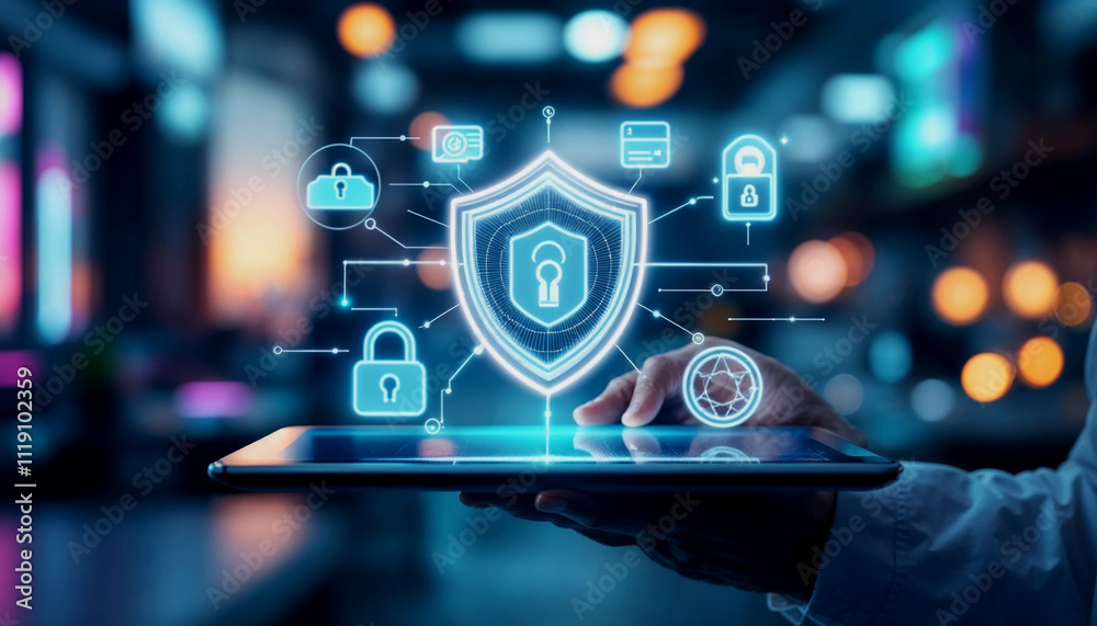 A person's hand holding a tablet device with various digital security and technology icons floating around the screen, representing concepts like data protection, online banking, and digital identity A person's hand holding a tablet device with various digital security and technology icons floating around the screen, representing concepts like data protection, online banking, and digital identity