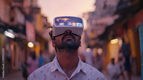 Portrait of Handsome South Asian Man Wearing Virtual Reality Headset in a 3D Digital VR World with Online Network Platform. Indian Man Exploring Next Generation Immersive Social Media Enviromnet. photo