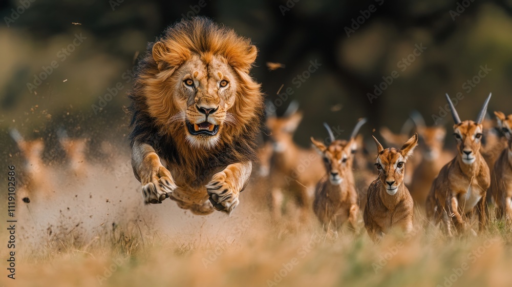 Majestic male lion in full leap, pursuing a herd of impala across the African savanna. Majestic male lion in full leap, pursuing a herd of impala across the African savanna.