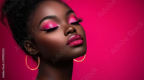 A beautiful woman showcasing vibrant makeup against a bold pink background, exemplifying confidence and style.