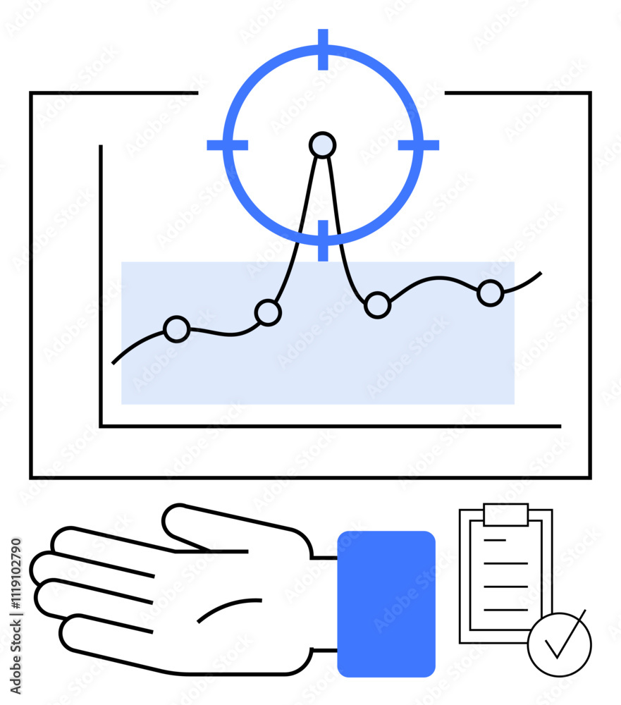 Graph with a rising line, target symbol, hand gesture, and checklist representing data analytics, goal setting, strategy, monitoring, progress success productivity. Ideal for business data Graph with a rising line, target symbol, hand gesture, and checklist representing data analytics, goal setting, strategy, monitoring, progress success productivity. Ideal for business data