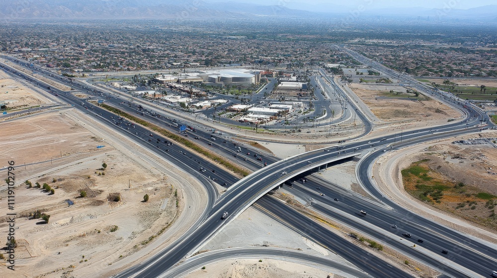 Aerial View of Busy Highway Intersection with Urban Landscape Aerial View of Busy Highway Intersection with Urban Landscape