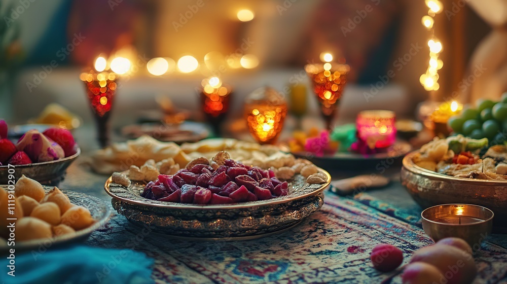 Festive table setting with exotic food, candles, and warm lighting. Festive table setting with exotic food, candles, and warm lighting.