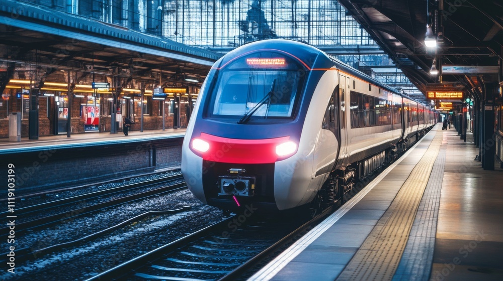 Fototapeta premium Modern Passenger Train Arriving at a Train Station Platform