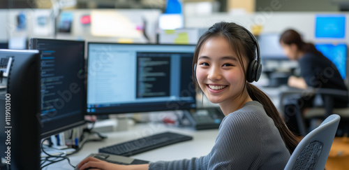 Young asian woman or girl customer service agent sitting and working at her desk on a computer in the office smiling and happy with headphones