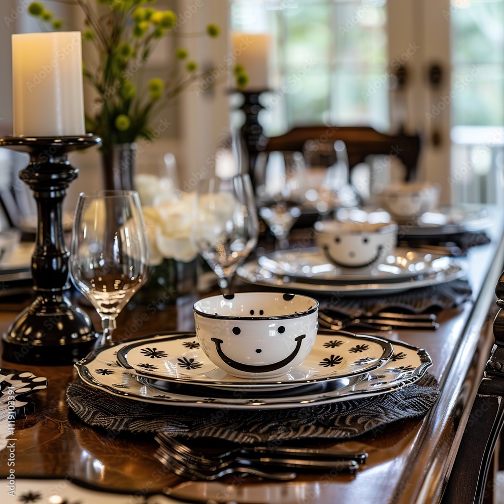 Happy face bowls and plates on a dining table setting.