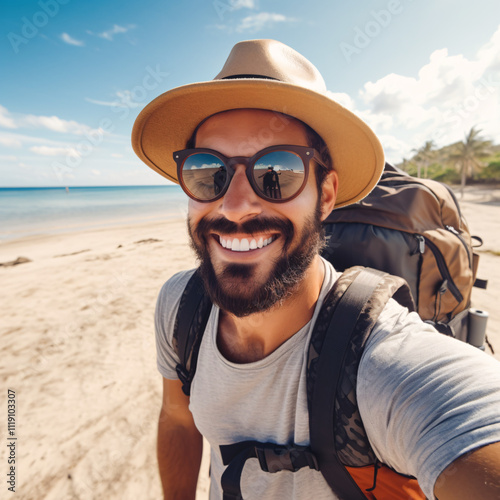 A handsome man wearing a hat and sunglasses, taking a selfie on the beach during a relaxing vacation, exuding cool and stylish vibes.