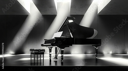 Elegant grand piano on stage, illuminated by dramatic lighting, creating an atmosphere of artistic expression and musical inspiration.