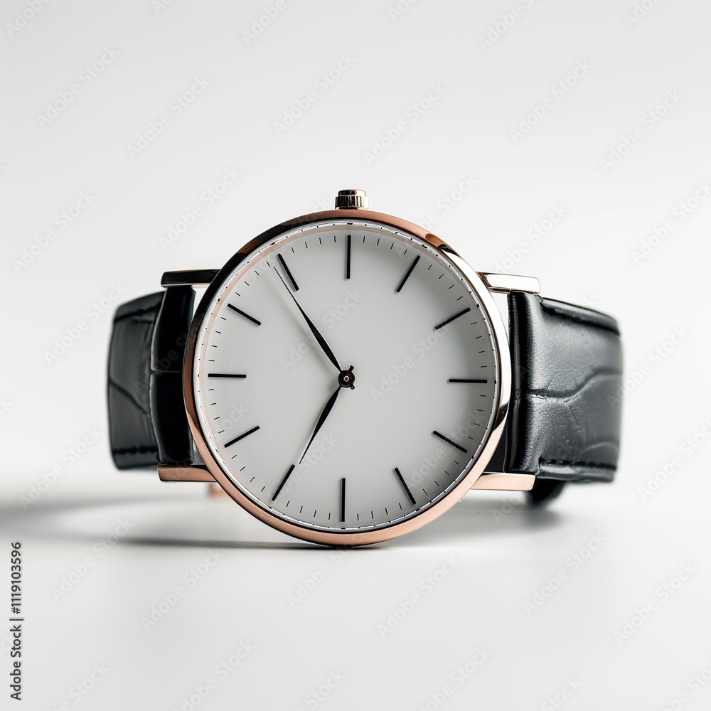 Minimalist wristwatch with rose gold case and black leather strap on white background. Minimalist wristwatch with rose gold case and black leather strap on white background.