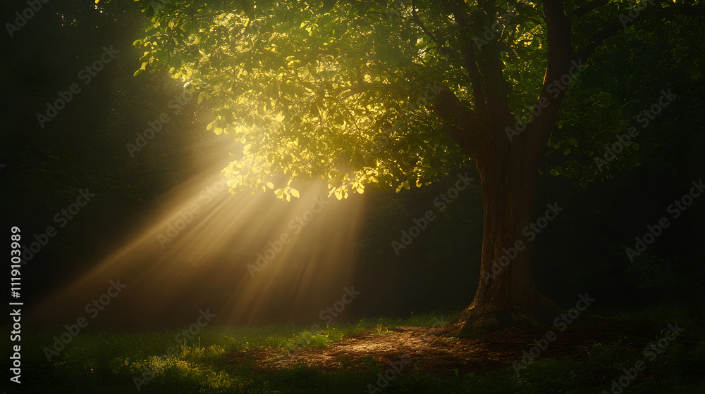 Obraz premium tree with golden light rays shining through its leaves creates serene atmosphere