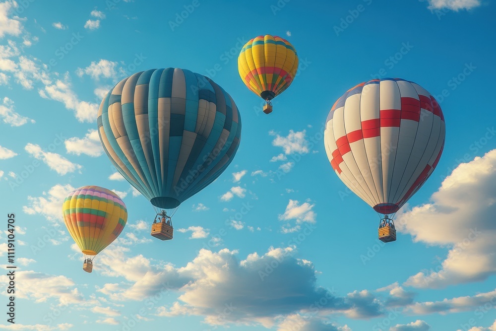 Obraz premium Four hot air balloons soar against a vibrant blue sky, fluffy clouds dotting the horizon. Perfect for travel, adventure, or freedom concepts.