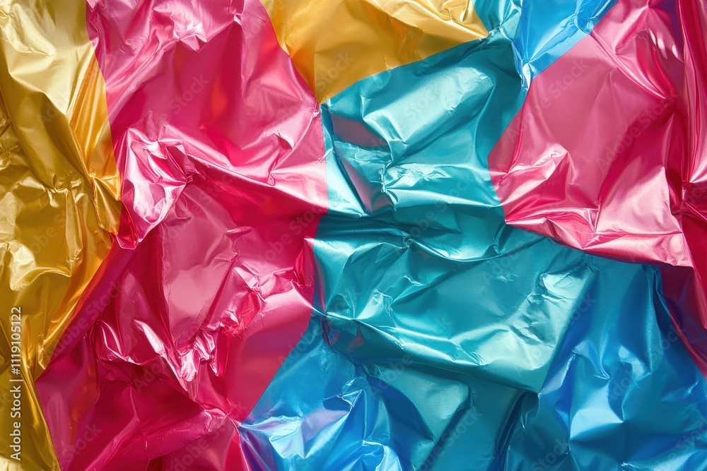 Abstract image of crumpled, colorful plastic film in pink, gold, and teal. Great for backgrounds, textures, or designs needing a vibrant, modern feel. Abstract image of crumpled, colorful plastic film in pink, gold, and teal. Great for backgrounds, textures, or designs needing a vibrant, modern feel.