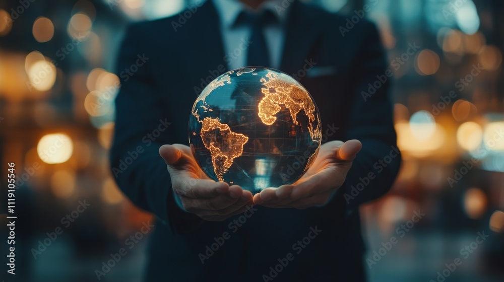 Fototapeta premium Businessman Holding Glowing Globe in Modern Cityscape Background