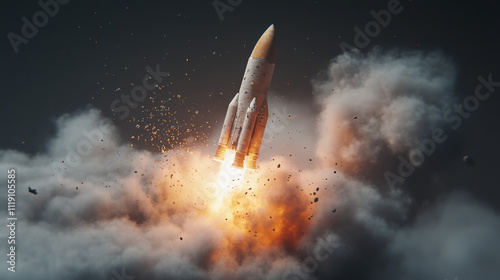 Nuclear ballistic rocket, complex. Launch rocket, dust. Isolate. 3d rendering. photo