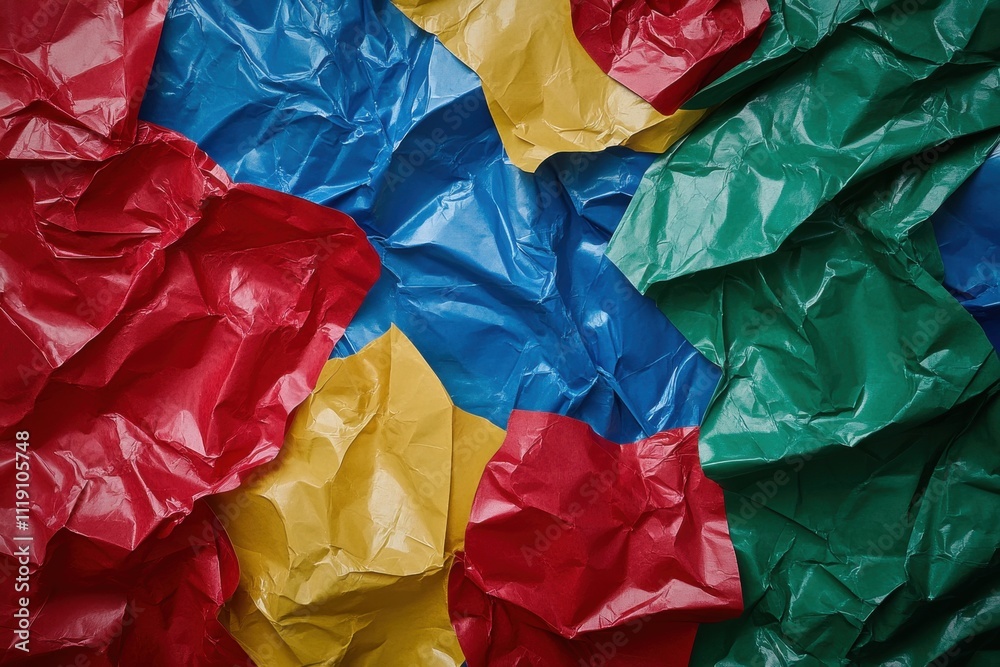 Red, yellow, blue, and green crumpled paper. Ideal for backgrounds, textures, or abstract designs. Red, yellow, blue, and green crumpled paper. Ideal for backgrounds, textures, or abstract designs.