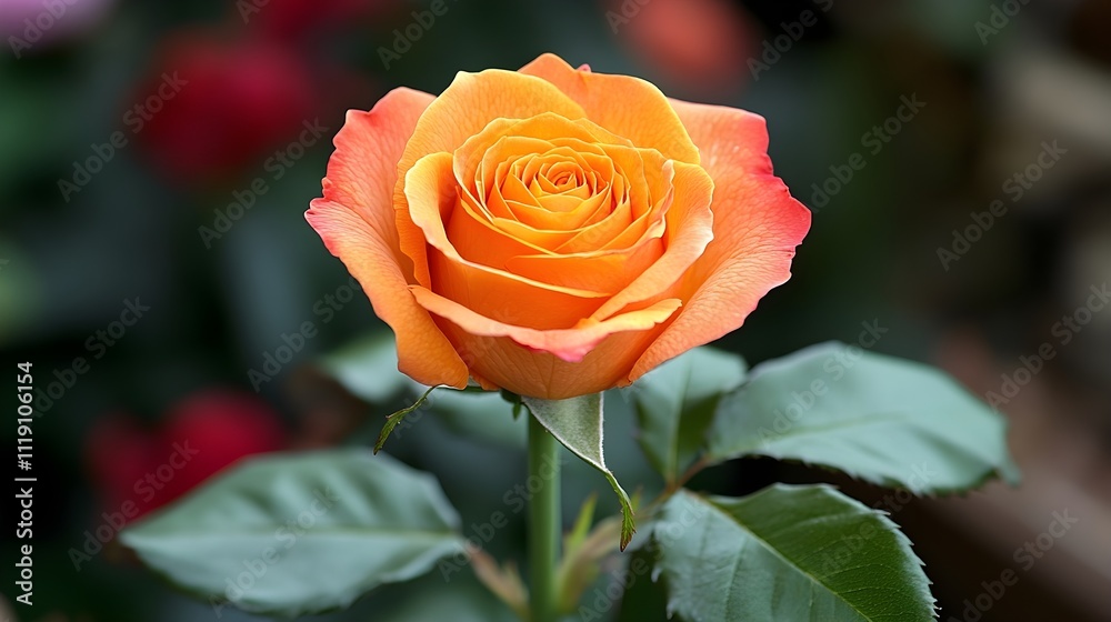 single orange rose, vibrant orange, natural background, fresh and romantic.
