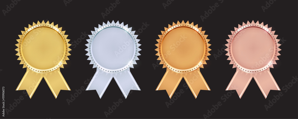 Gold, Silver, Bronze, and Rose Gold Medal Set Vector. Realistic Trophy and Metal Reward Badge Collection for Winners and Certificates. Vector. Gold, Silver, Bronze, and Rose Gold Medal Set Vector. Realistic Trophy and Metal Reward Badge Collection for Winners and Certificates. Vector.